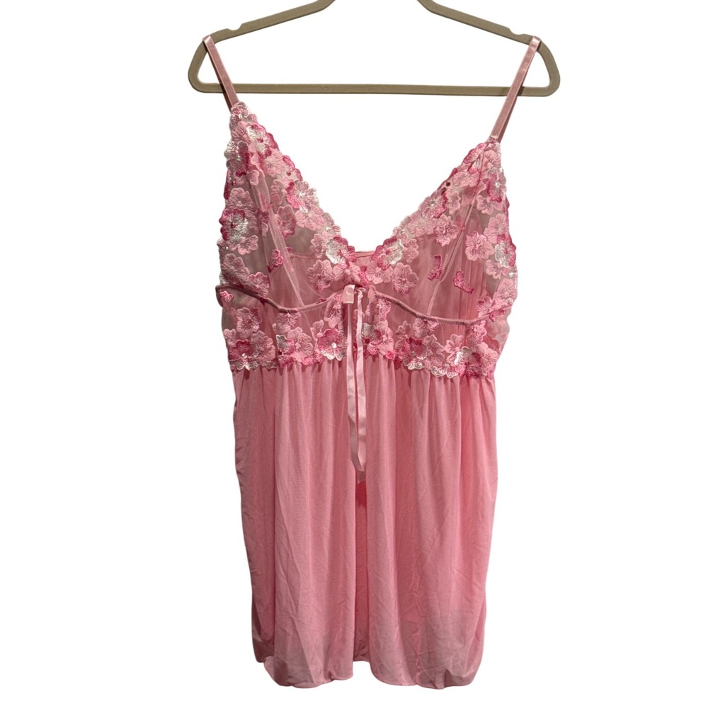 Pink Floral Embroidered Lace Mesh Babydoll Chemise Lingerie